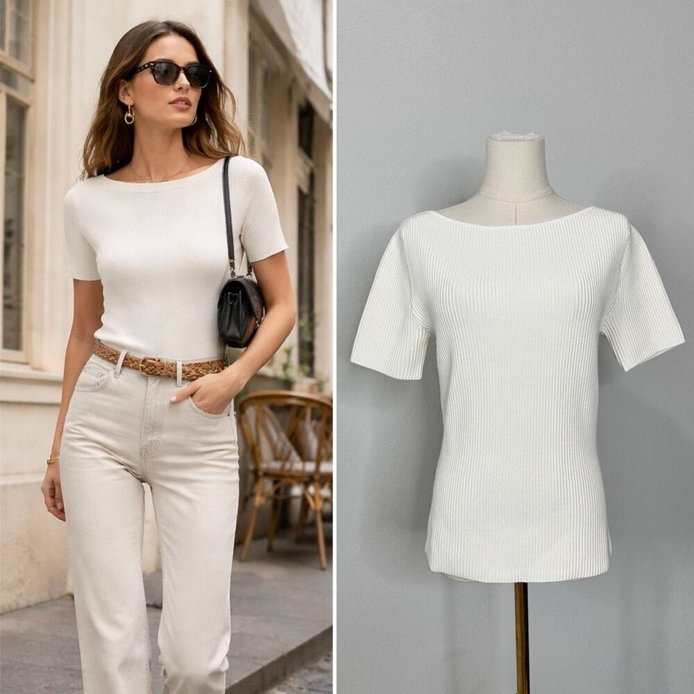 Banana Republic Ribbed Sculpted Boat-neck M Beige NWT Elevated Basic Minimalist